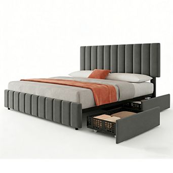Bed Frame with 4 Storage Drawers, Adjustable Height Headboard, Upholstered Platform Bed Frame