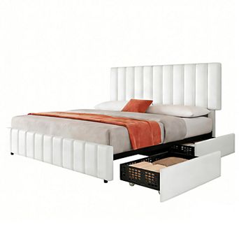 Bed Frame with 4 Storage Drawers, Adjustable Height Headboard, Upholstered Platform Bed Frame