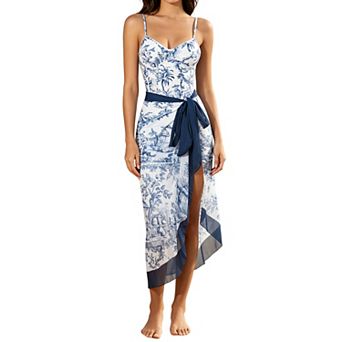 Women Printed One Piece Swimsuit with Wrap Skirt 2 pc Bathing Suit Set