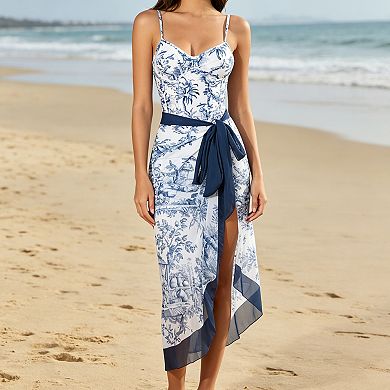 Women Printed One Piece Swimsuit with Wrap Skirt 2 Piece Bathing Suit Set