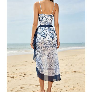 Women Printed One Piece Swimsuit with Wrap Skirt 2 Piece Bathing Suit Set