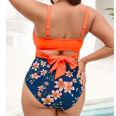 Plus Size Color Block 2-Piece Tankini with Floral High Waisted Bottoms