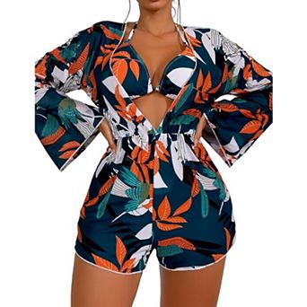 Women's 3 pc Tropical Bikini Set with Romper Cover Up, V-Neck Halter Bathing Suit