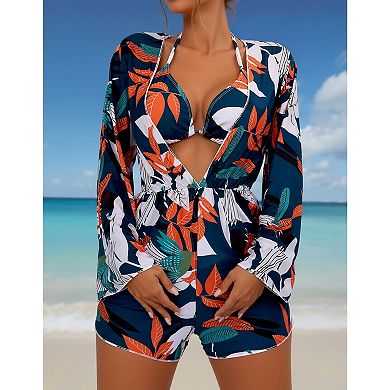 Women's 3 Piece Tropical Bikini Set with Romper Cover Up, V-Neck Halter Bathing Suit