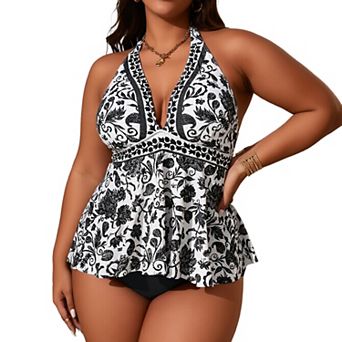 Plus Size Halter Tankini Swimsuit with Flared Tummy Control Top