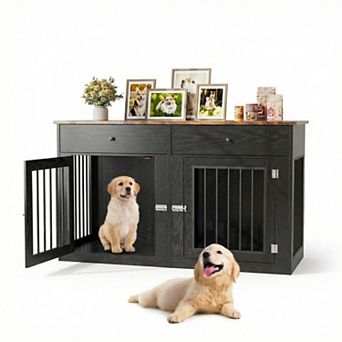 60" Dog Crate Furniture for 2 Dogs, Heavy Duty Dog Kennel Furniture TV Stand with 2 Drawers