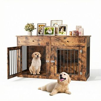 60" Dog Crate Furniture for 2 Dogs, Heavy Duty Dog Kennel Furniture TV Stand with 2 Drawers