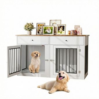 60" Dog Crate Furniture for 2 Dogs, Heavy Duty Dog Kennel Furniture TV Stand with 2 Drawers