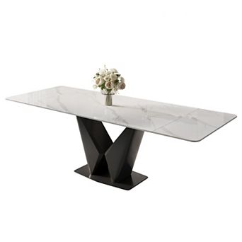 63"-95" Extendable Dining Table, White Sintered Stone Top, Black Base, Seats 4-10
