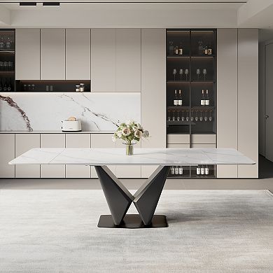 63"-95" Extendable Dining Table, White Sintered Stone Top, Black Base, Seats 4-10