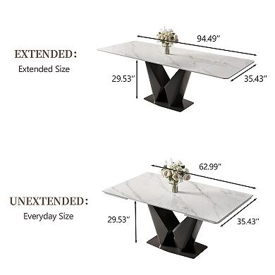 63"-95" Extendable Dining Table, White Sintered Stone Top, Black Base, Seats 4-10