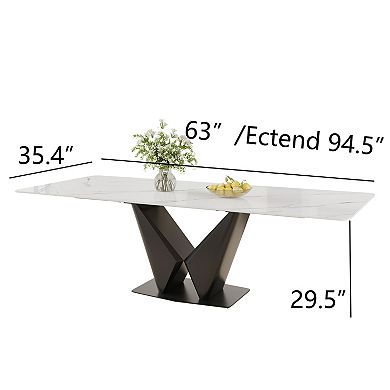 63"-95" Extendable Dining Table, White Sintered Stone Top, Black Base, Seats 4-10