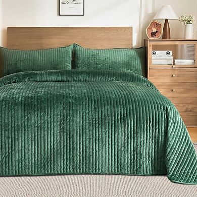 Luxury Striped Velvet Quilt Set, Soft Cozy, Lightweight 3-Piece
