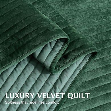 Luxury Striped Velvet Quilt Set, Soft Cozy, Lightweight 3-Piece