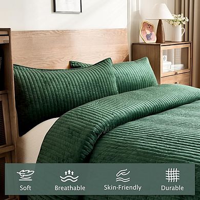 Luxury Striped Velvet Quilt Set, Soft Cozy, Lightweight 3-Piece
