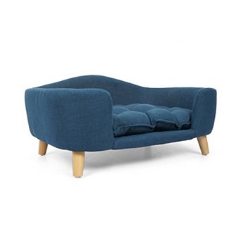Mid-Century Modern 30.25-Inch Navy Blue Fabric Small Dog Bed Sofa with Solid Birch Legs