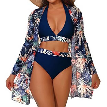 3 pc Tropical Print Bikini Set with Halter Top, High Waisted Bottoms & Kimono Cover-Up
