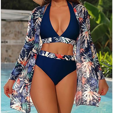 3-Piece Tropical Print Bikini Set with Halter Top, High Waisted Bottoms & Kimono Cover-Up