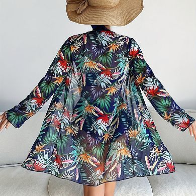 3-Piece Tropical Print Bikini Set with Halter Top, High Waisted Bottoms & Kimono Cover-Up