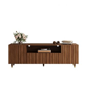 71" Mid-Century Modern Fluted TV Stand, Rectangular Media Console with Gold Legs