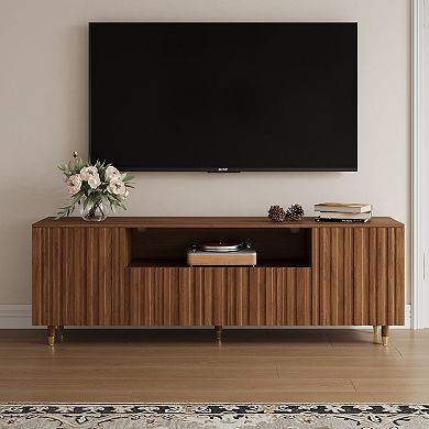 71" Mid-Century Modern Fluted TV Stand, Rectangular Media Console with Gold Legs