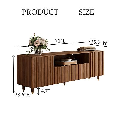 71" Mid-Century Modern Fluted TV Stand, Rectangular Media Console with Gold Legs