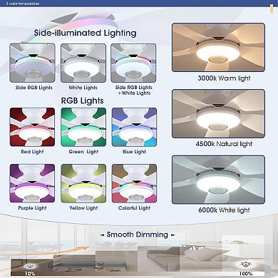 Flush Mount Ceiling Fan with RGB Ring Light and Bluetooth Speaker, Remote APP Control,6 Speeds