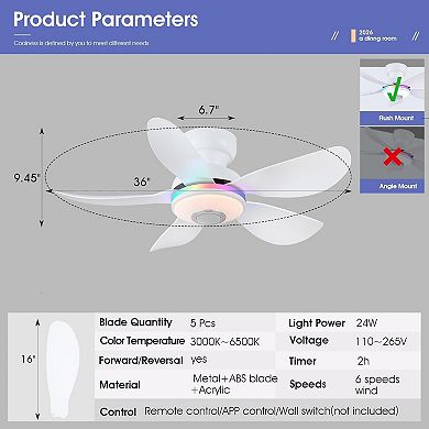 Flush Mount Ceiling Fan with RGB Ring Light and Bluetooth Speaker, Remote APP Control,6 Speeds