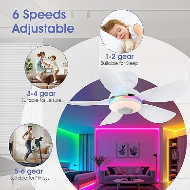 Flush Mount Ceiling Fan with RGB Ring Light and Bluetooth Speaker, Remote APP Control,6 Speeds