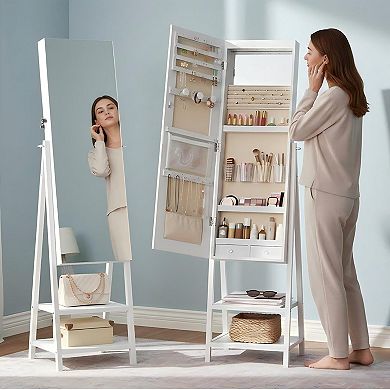 Standing Mirrored Jewelry Cabinet with LED Lights