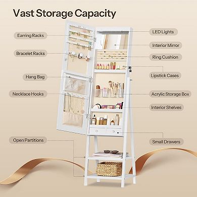 Standing Mirrored Jewelry Cabinet with LED Lights