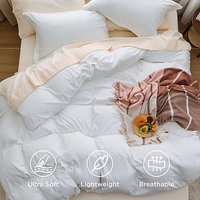 Soft Prewashed Polyester Duvet Cover Set, Cotton-Like Breathable Bedding with Zipper Closure