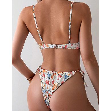 Floral Print Ribbed Bikini Set, Tie Front Bandeau Top with Side Tie High Cut Bottom