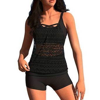 Women Crochet Lace Tankini Swimsuit Two Piece Tummy Control Bathing Suit with Shorts