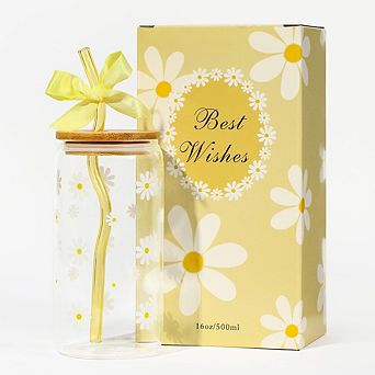 Cute Daisy 16oz Glass Tumbler with Lid & Straw, Aesthetic Iced Coffee Cup Gift