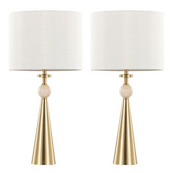 Loheer Table Lamp Set of 2 with Metal Base, Travertine Accent and Fabric Shade