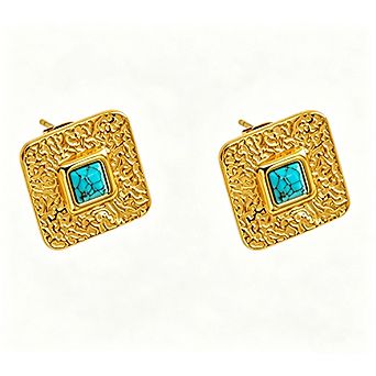 Turquoise Square Stainless Steel Stud Earrings for Women - Vintage 18K Gold Plated, Geometric design