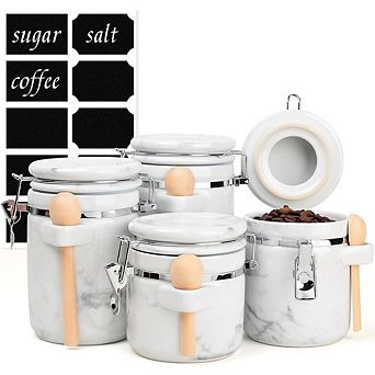 Airtight Ceramic Canister Set with Labels & Spoons, Kitchen Storage Jars