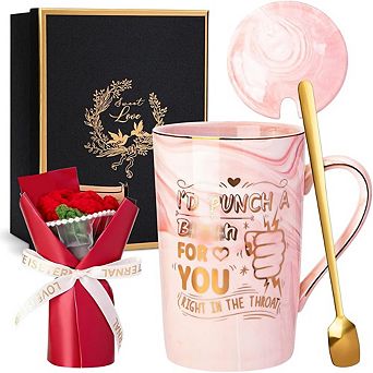Funny Mothers Day Gift Set Ceramic Marble Mug Gold Print Knitted Bouquet 14oz Mom Wife Gift