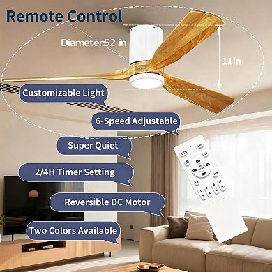 Modern 3 Wood Blades Flush Mount Standard Ceiling Fan with Integrated LED and Remote