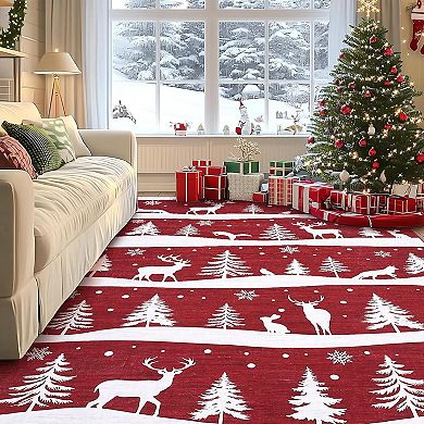 Festive Christmas Tree Reindeer Washable Area Rug Non-Slip Holiday Carpet