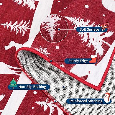 Festive Christmas Tree Reindeer Washable Area Rug Non-Slip Holiday Carpet