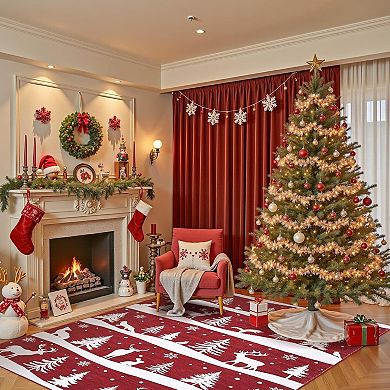Festive Christmas Tree Reindeer Washable Area Rug Non-Slip Holiday Carpet