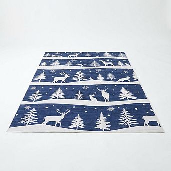 Festive Christmas Tree Reindeer Washable Area Rug Non-Slip Holiday Carpet