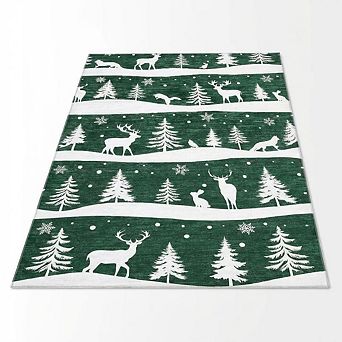 Festive Christmas Tree Reindeer Washable Area Rug Non-Slip Holiday Carpet