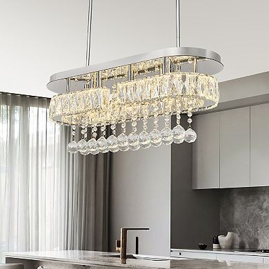 Rectangle Crystal Chandelier, Flush Mount Pendant Ceiling Light for Dining Room Kitchen Island