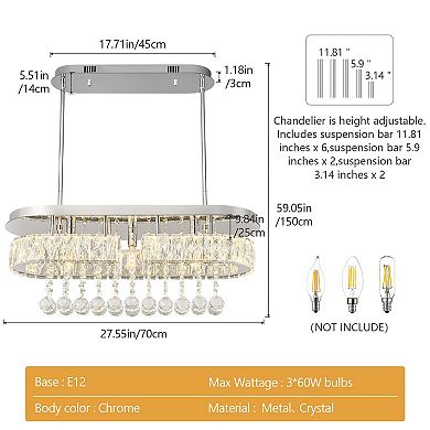 Rectangle Crystal Chandelier, Flush Mount Pendant Ceiling Light for Dining Room Kitchen Island
