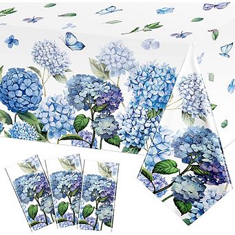 Spring Hydrangea Tablecloths, disposable plastic covers, waterproof 3 pack
