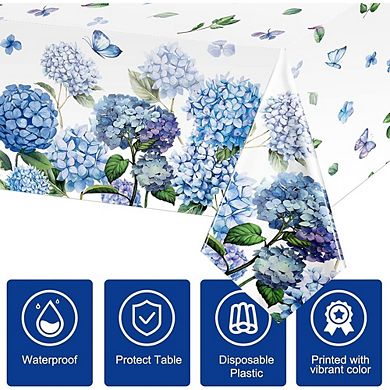 Spring Hydrangea Tablecloths, disposable plastic covers, waterproof 3 pack