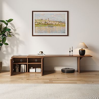 63''-86'' Extendable Mid-Century Brown Wood TV Stand, Media Console with 2 Cabinets